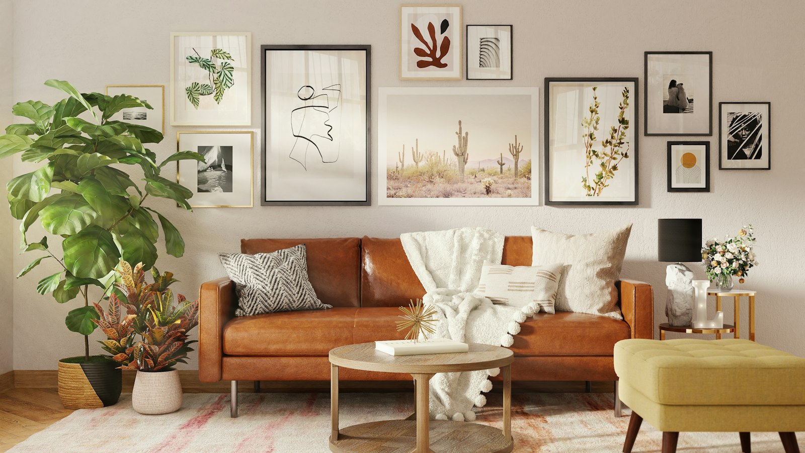 Styled living space with a floor covering and furniture